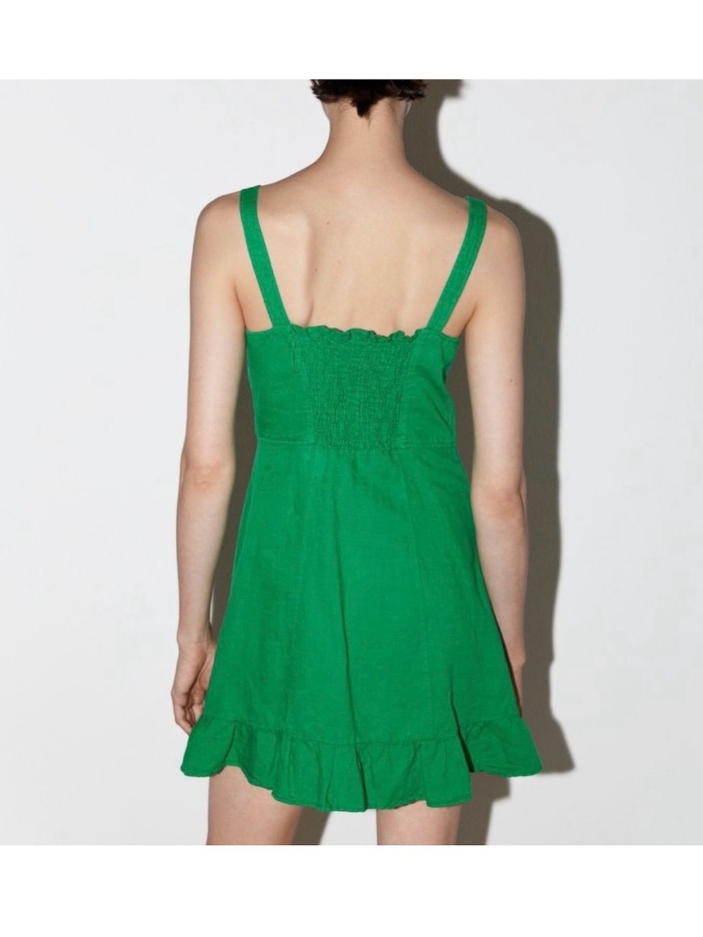 Zara Emerald Green Linen Button-Front Ruffle Mini Dress in XS - Picture 10 of 12